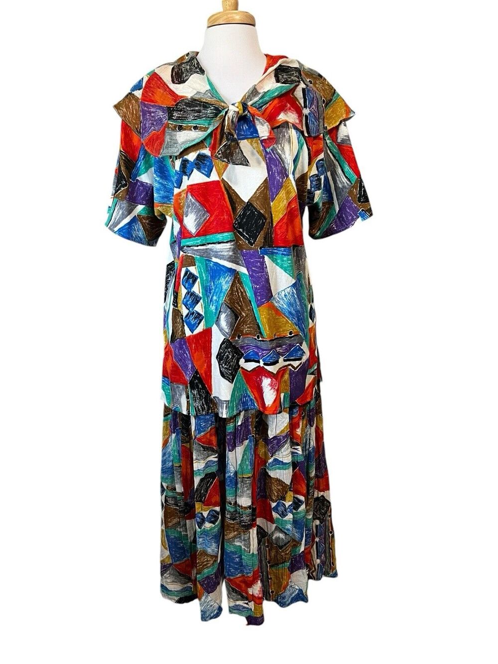 Vintage 80s Sabino Geometric Print Sailor Collar Top & Pleated Skirt Set 16 XL